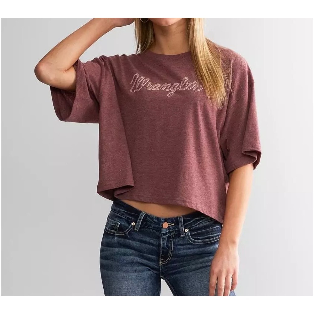 Wrangler Retro T-Shirt Womens XXL Maroon Graphic Logo Boxy Crop Tee New Cowgirl